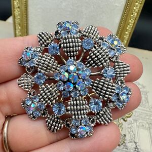 Vintage Blue Crystal Rhinestone Starburst Brooch Silver Tone Pin Large Bling